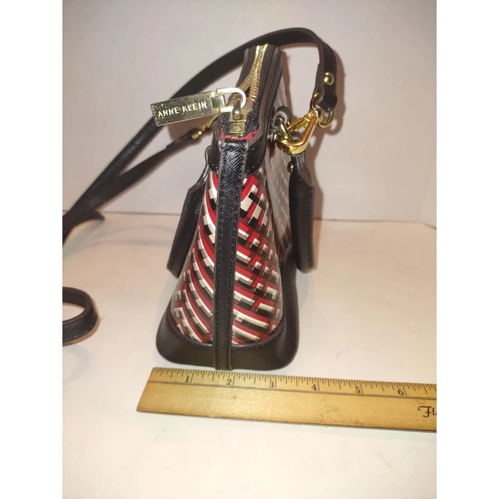 Anne Klein Womens Satchel Handbag Purse Geometric Print Black Red Gold 9x4x7